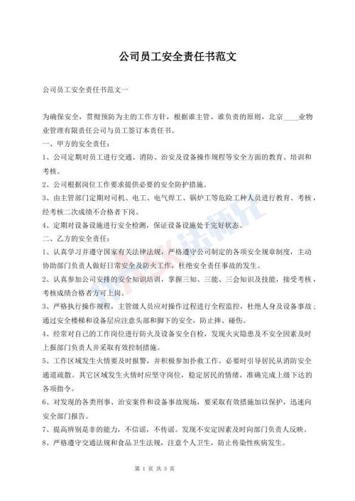 公司員工安全責任書范文