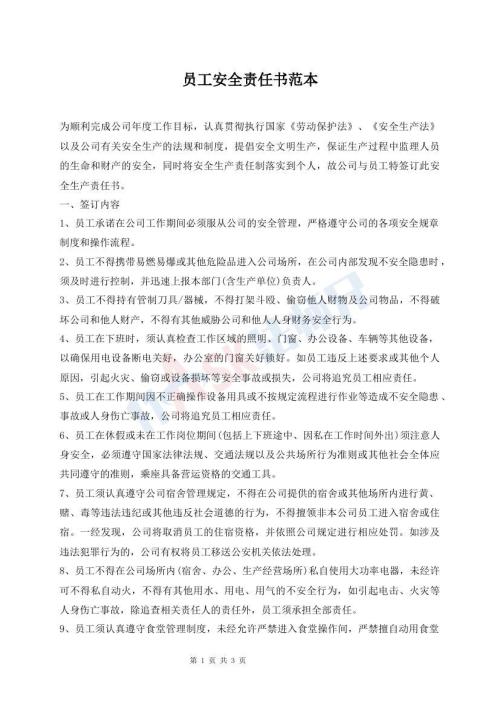 員工安全責任書范本