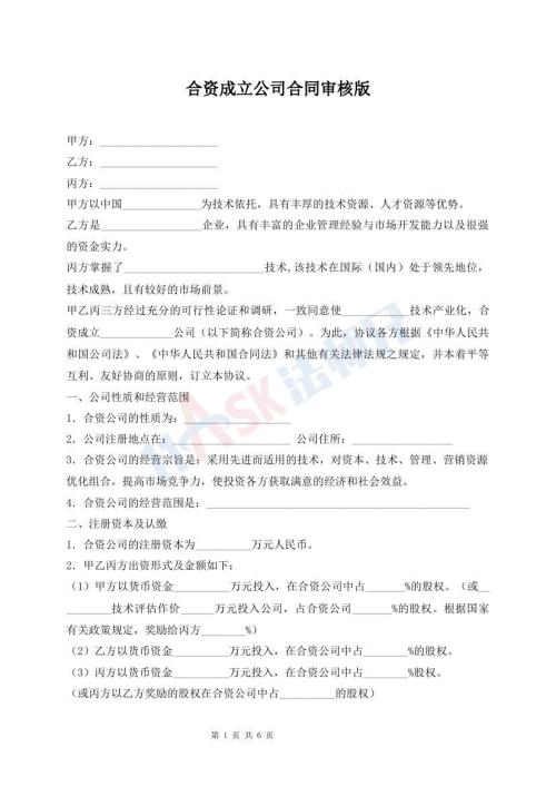 合資成立公司合同審核版