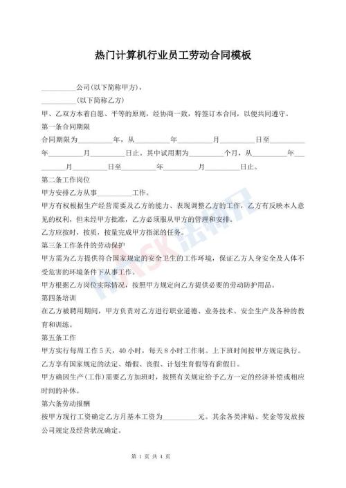熱門計算機行業(yè)員工勞動合同模板