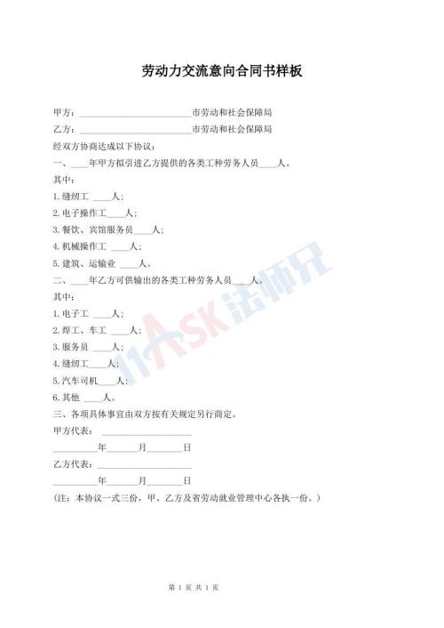 勞動(dòng)力交流意向合同書(shū)樣板