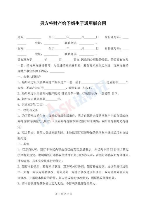 男方將財(cái)產(chǎn)給予婚生子通用版合同