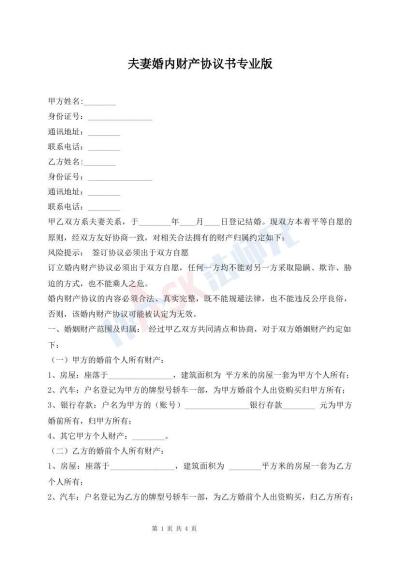 夫妻婚內(nèi)財產(chǎn)協(xié)議書專業(yè)版