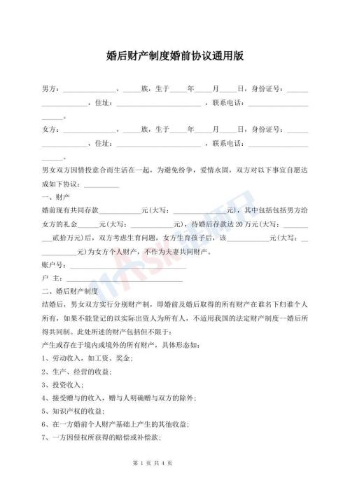 婚后財(cái)產(chǎn)制度婚前協(xié)議通用版