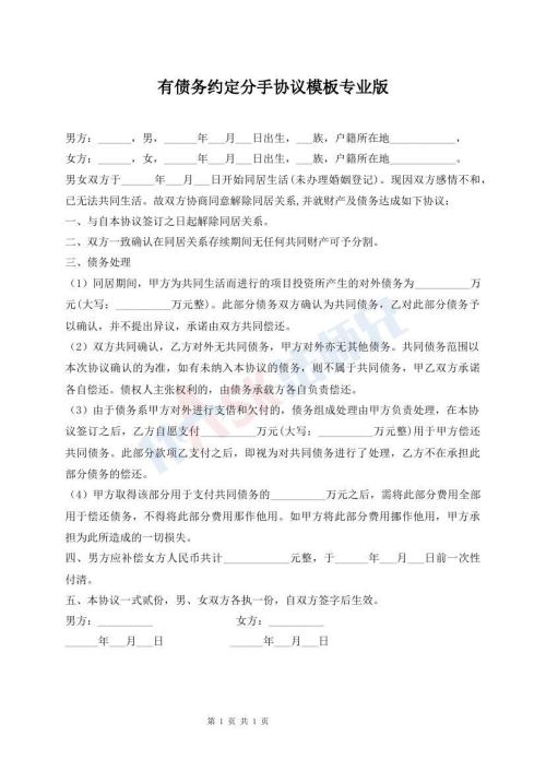 有債務(wù)約定分手協(xié)議模板專(zhuān)業(yè)版