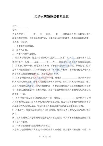 無(wú)子女離婚協(xié)議書(shū)專業(yè)版