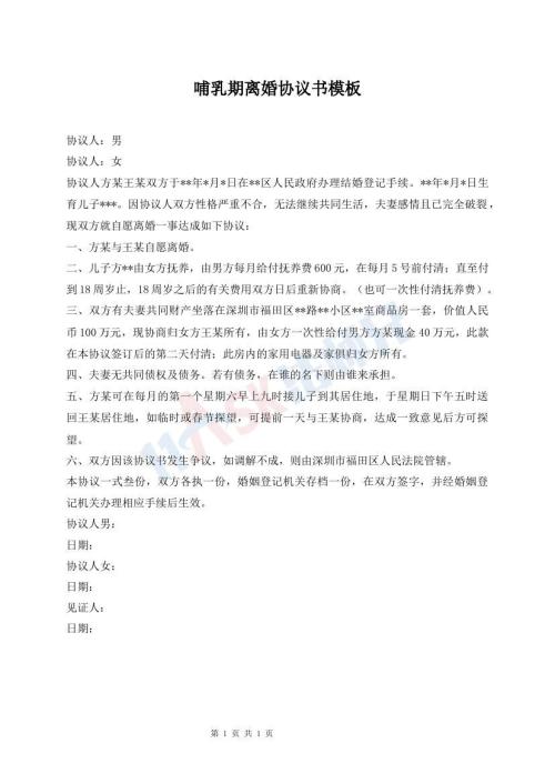 哺乳期離婚協(xié)議書(shū)模板