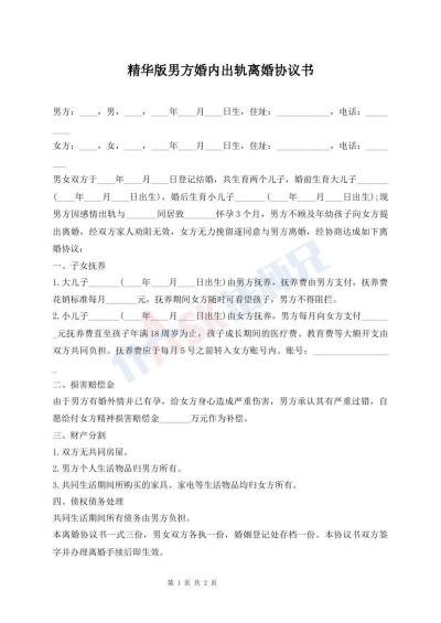 精華版男方婚內(nèi)出軌離婚協(xié)議書