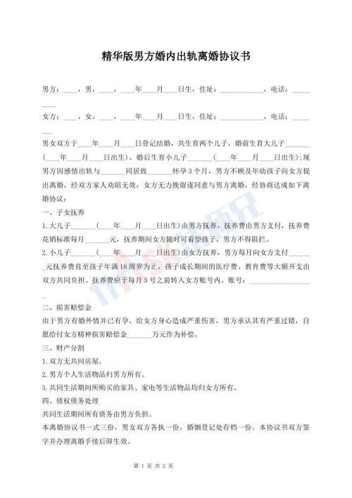 精華版男方婚內(nèi)出軌離婚協(xié)議書