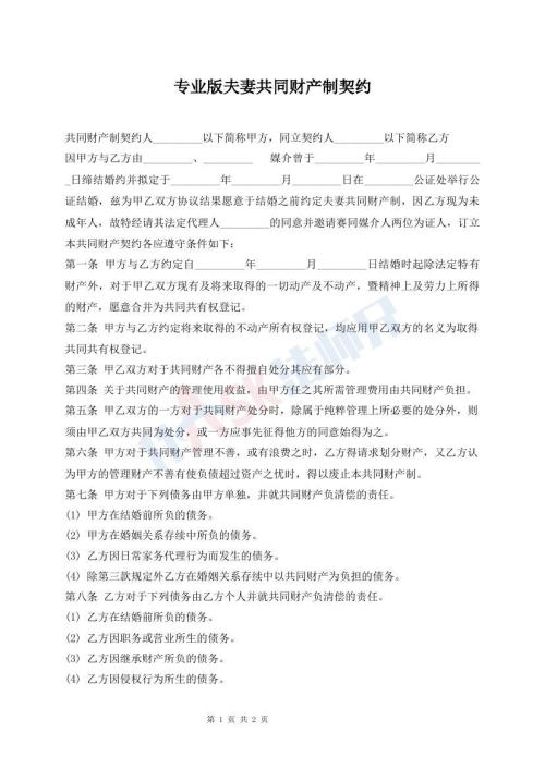 專業(yè)版夫妻共同財產(chǎn)制契約