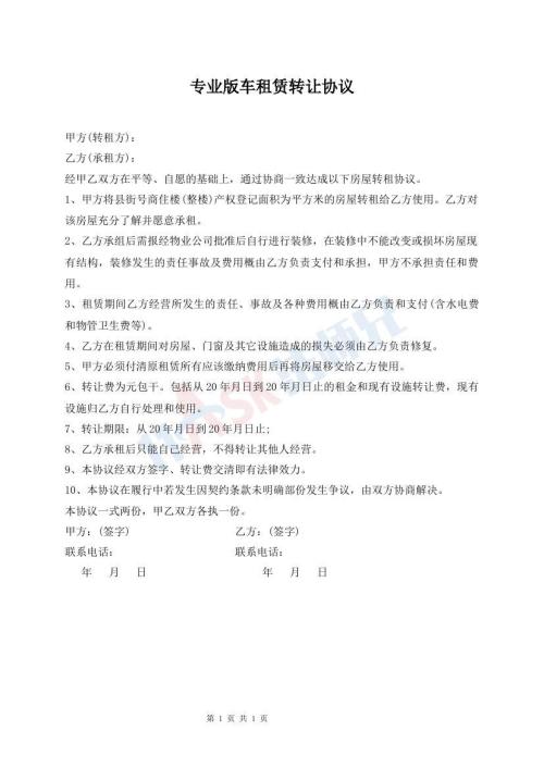 專業(yè)版車租賃轉(zhuǎn)讓協(xié)議