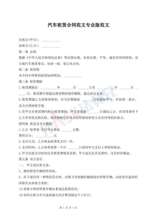 汽車租賃合同范文專業(yè)版范文