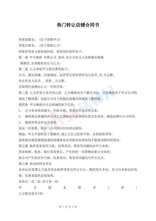 熱門轉讓店鋪合同書