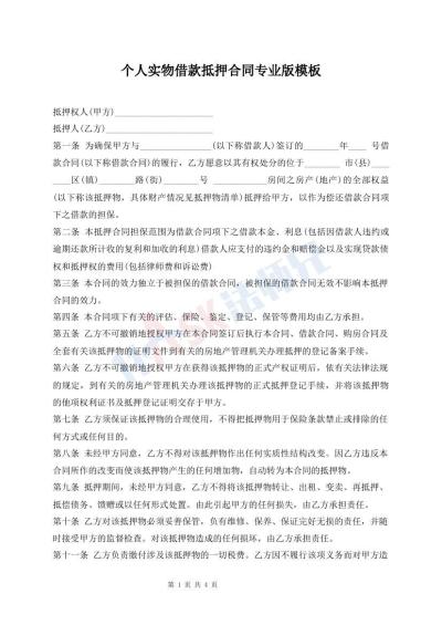 個(gè)人實(shí)物借款抵押合同專業(yè)版模板