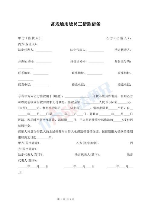常規(guī)通用版員工借款借條
