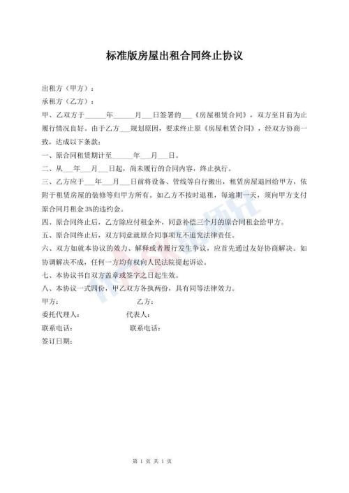 標(biāo)準(zhǔn)版房屋出租合同終止協(xié)議