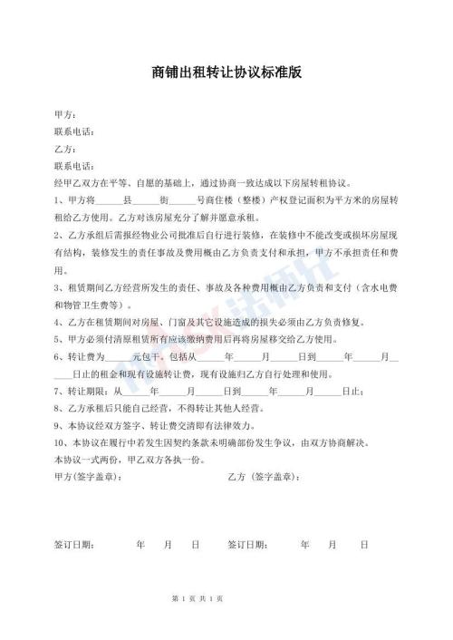 商鋪出租轉(zhuǎn)讓協(xié)議標(biāo)準(zhǔn)版