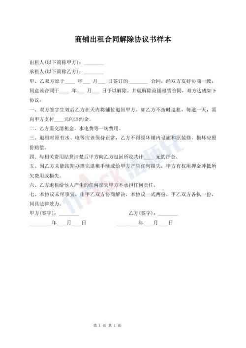 商鋪出租合同解除協(xié)議書樣本