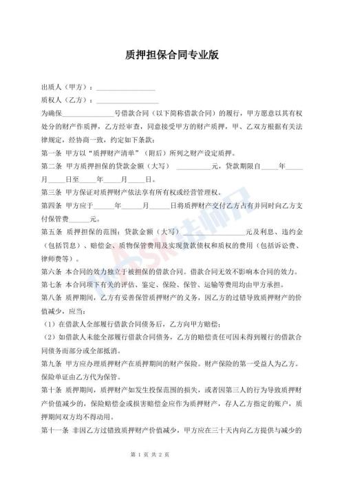 質(zhì)押擔(dān)保合同專(zhuān)業(yè)版
