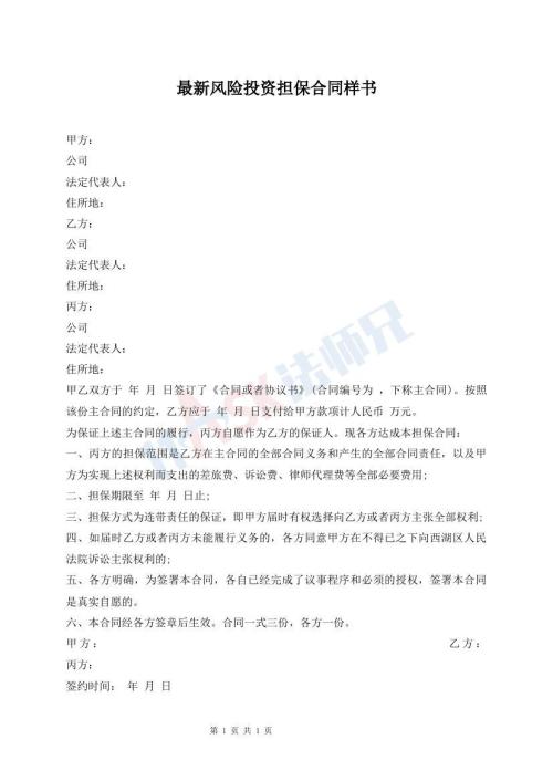 最新風(fēng)險(xiǎn)投資擔(dān)保合同樣書