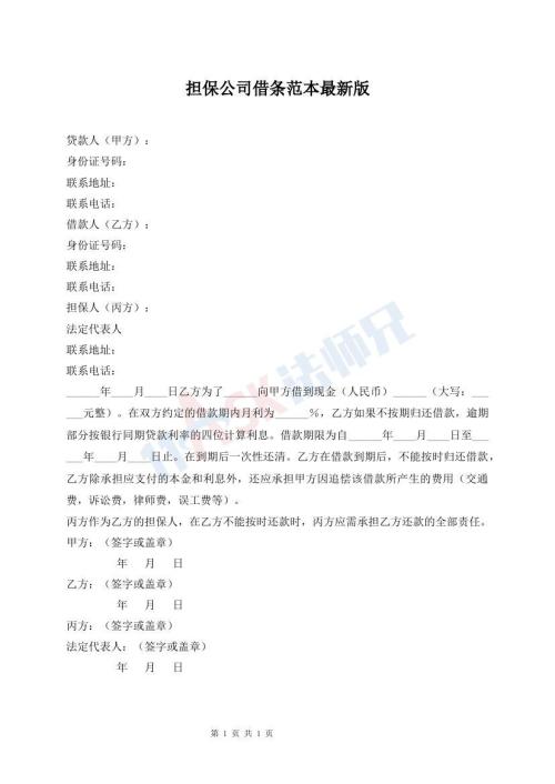 擔保公司借條范本最新版
