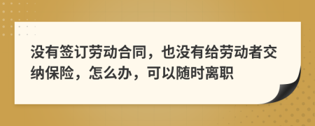 沒有簽訂勞動合同，也沒有給勞動者交納保險，怎么辦，可以隨時離職
