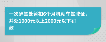 一次醉駕處暫扣6個月機動車駕駛證，并處1000元以上2000元以下罰款