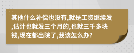 其他什么補償也沒有,就是工資繼續(xù)發(fā),估計也就發(fā)三個月的,也就三千多塊錢,現(xiàn)在都出院了,我該怎么辦?