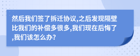 然后我們簽了拆遷協(xié)議,之后發(fā)現(xiàn)隔壁比我們的補(bǔ)償多很多,我們現(xiàn)在后悔了,我們?cè)撛趺崔k？
