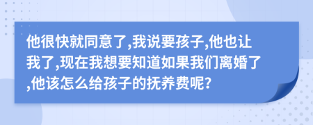 他很快就同意了,我說(shuō)要孩子,他也讓我了,現(xiàn)在我想要知道如果我們離婚了,他該怎么給孩子的撫養(yǎng)費(fèi)呢？