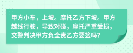 甲方小車，上坡。摩托乙方下坡。甲方越線行駛，導(dǎo)致對碰，摩托嚴(yán)重受損，交警判決甲方負(fù)全責(zé)乙方要簽嗎？