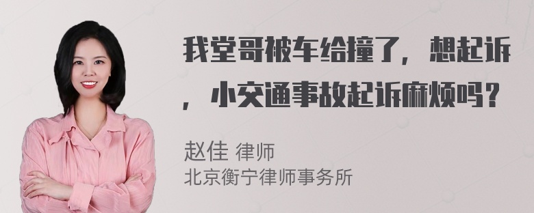 我堂哥被车给撞了，想起诉，小交通事故起诉麻烦吗？