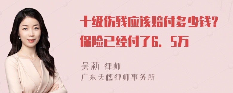 十级伤残应该赔付多少钱？保险已经付了6．5万