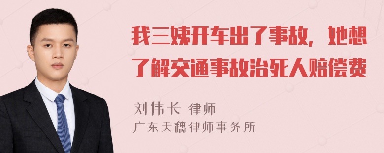 我三姨开车出了事故，她想了解交通事故治死人赔偿费