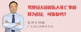 驾驶证A证因伤人死亡事故降为B证，可恢复吗？