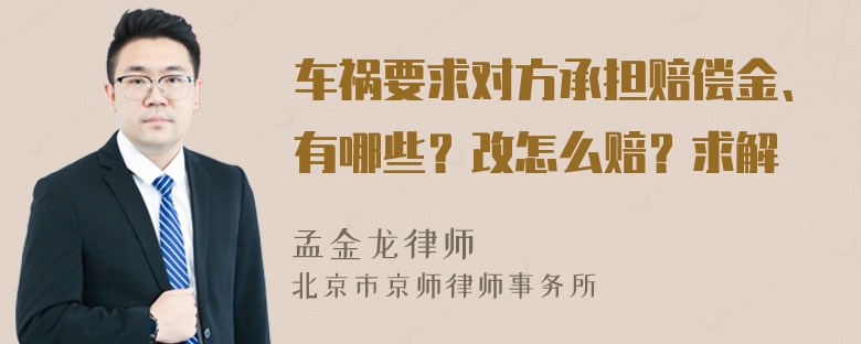 车祸要求对方承担赔偿金、有哪些？改怎么赔？求解