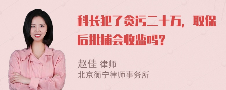 科长犯了贪污二十万，取保后批捕会收监吗？