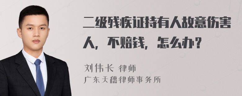 二级残疾证持有人故意伤害人，不赔钱，怎么办？