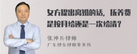 女方提出离婚的话，抚养费是按月给还是一次给清？