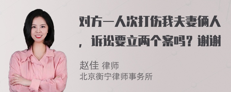 对方一人次打伤我夫妻俩人，诉讼要立两个案吗？谢谢