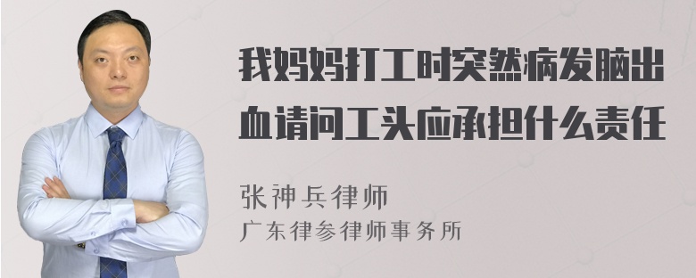 我妈妈打工时突然病发脑出血请问工头应承担什么责任