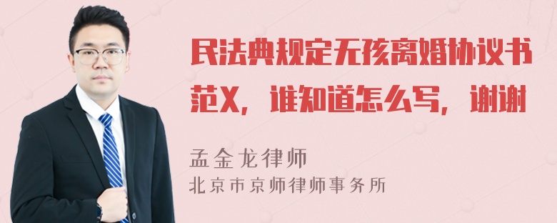 民法典规定无孩离婚协议书范X，谁知道怎么写，谢谢