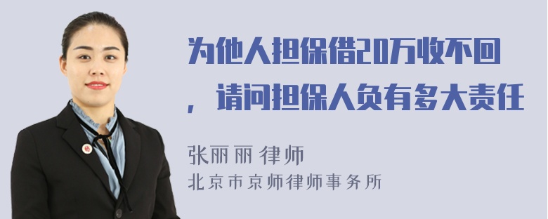 为他人担保借20万收不回，请问担保人负有多大责任