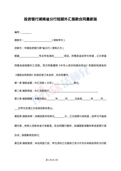 投资银行湖南省分行短期外汇借款合同最新版