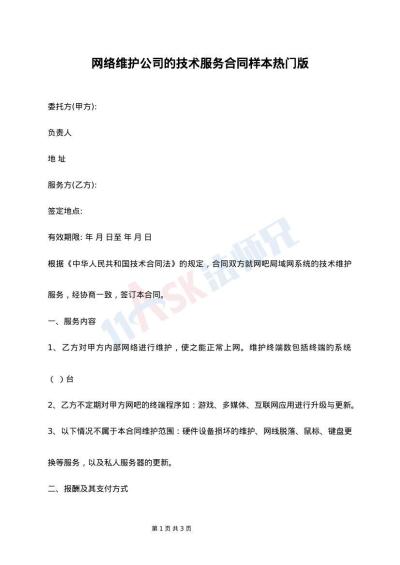 网络维护公司的技术服务合同样本热门版