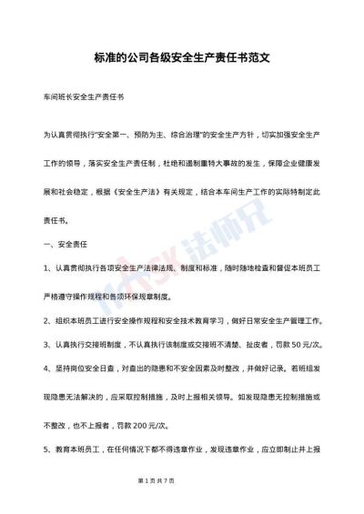 标准的公司各级安全生产责任书范文