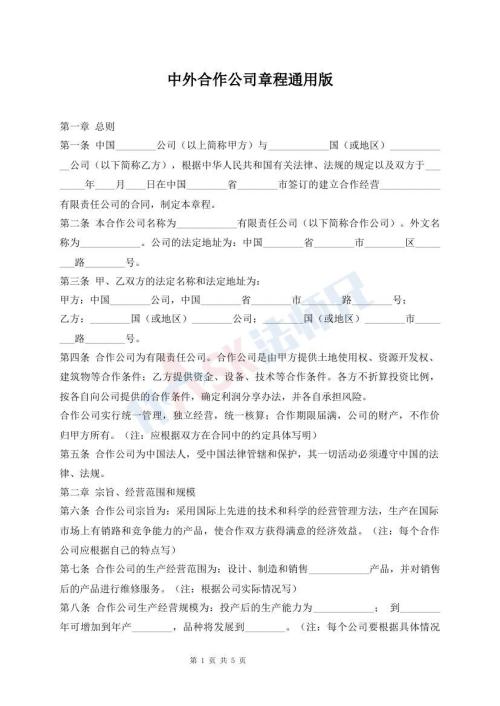 中外合作公司章程通用版