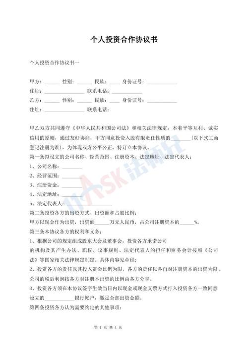 个人投资合作协议书
