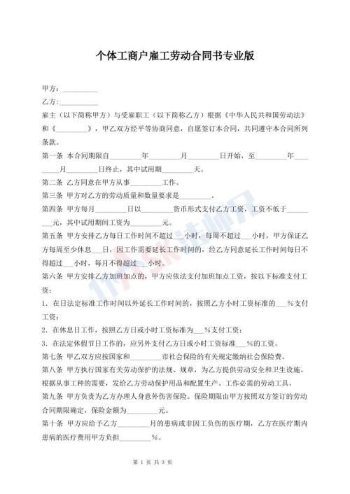 个体工商户雇工劳动合同书专业版