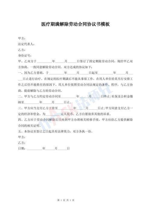 医疗期满解除劳动合同协议书模板